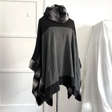 Saks Fifth Avenue Poncho Faux Fur Trim Gray XL Old Money Winter Sweater euc grey