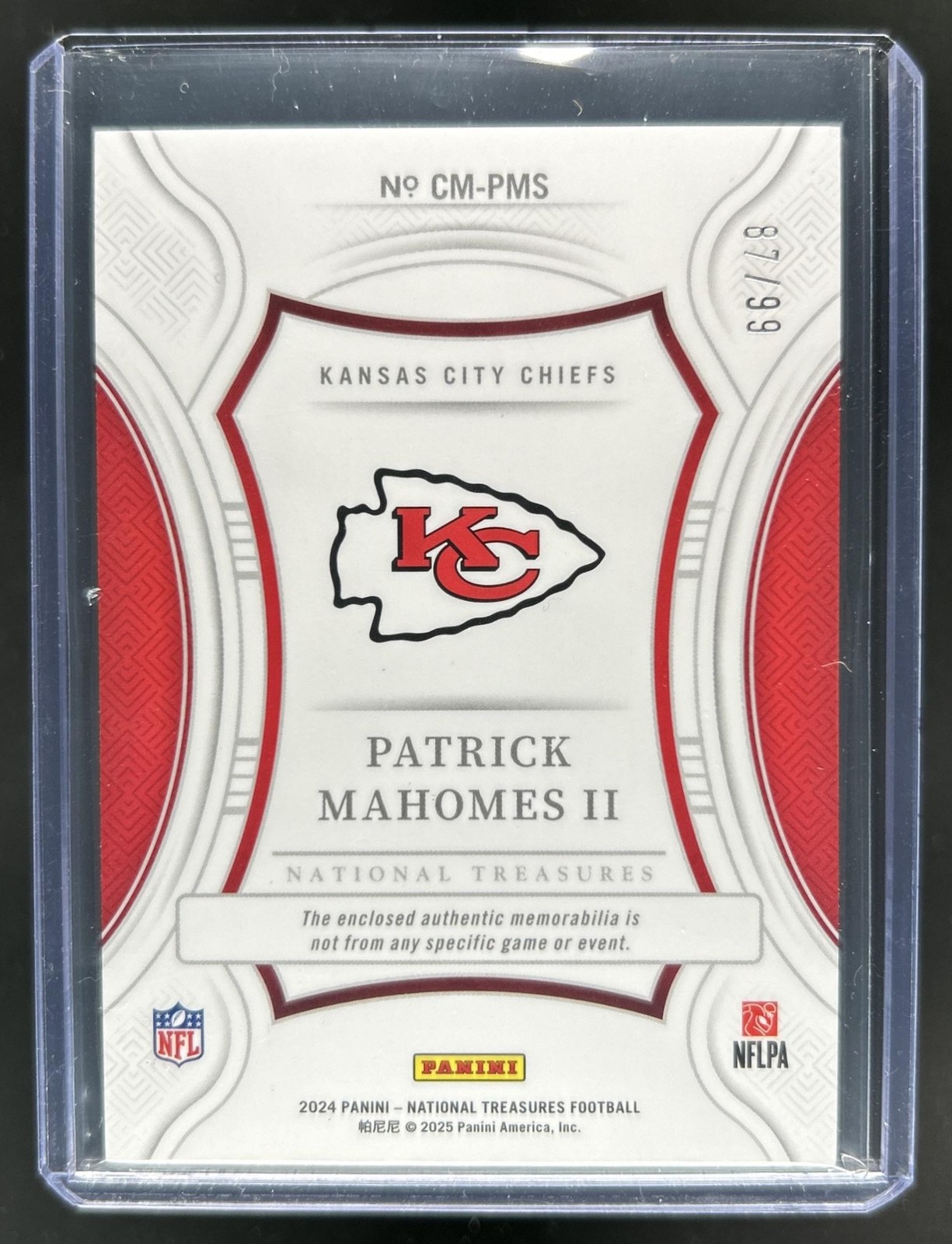 2024 Panini National Treasures Patrick Mahomes II Century Jersey #/99 Chiefs view 2