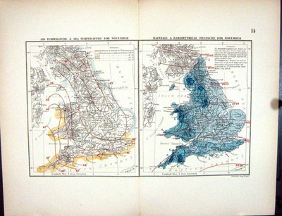 Antiker Druck Temperatur November Regen Stanford Karte 1885 England Wales
