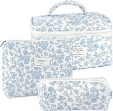 3Pcs Makeup Bag Quilted Cosmetic Bag Set Bow Travel Large Makeup Pouch for Women