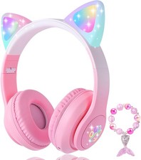 Cat Ear Kids Headphones Bluetooth, LED Light up Wireless/Wired Mode Over Ear ...