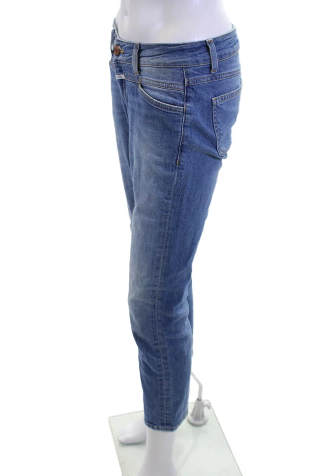 Pantalones de mezclilla rectos recortados cerrados para mujer azul botón tiro medio talla 27 Foto 2 de 4