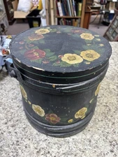 Antique Wooden Firkin Hand-Painted Primitive Floral Sugar Bucket