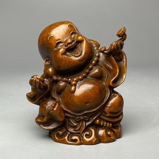 2.5" China Exquisite Boxwood Handmade Carved Ruyi Maitreya Buddha Statue B203