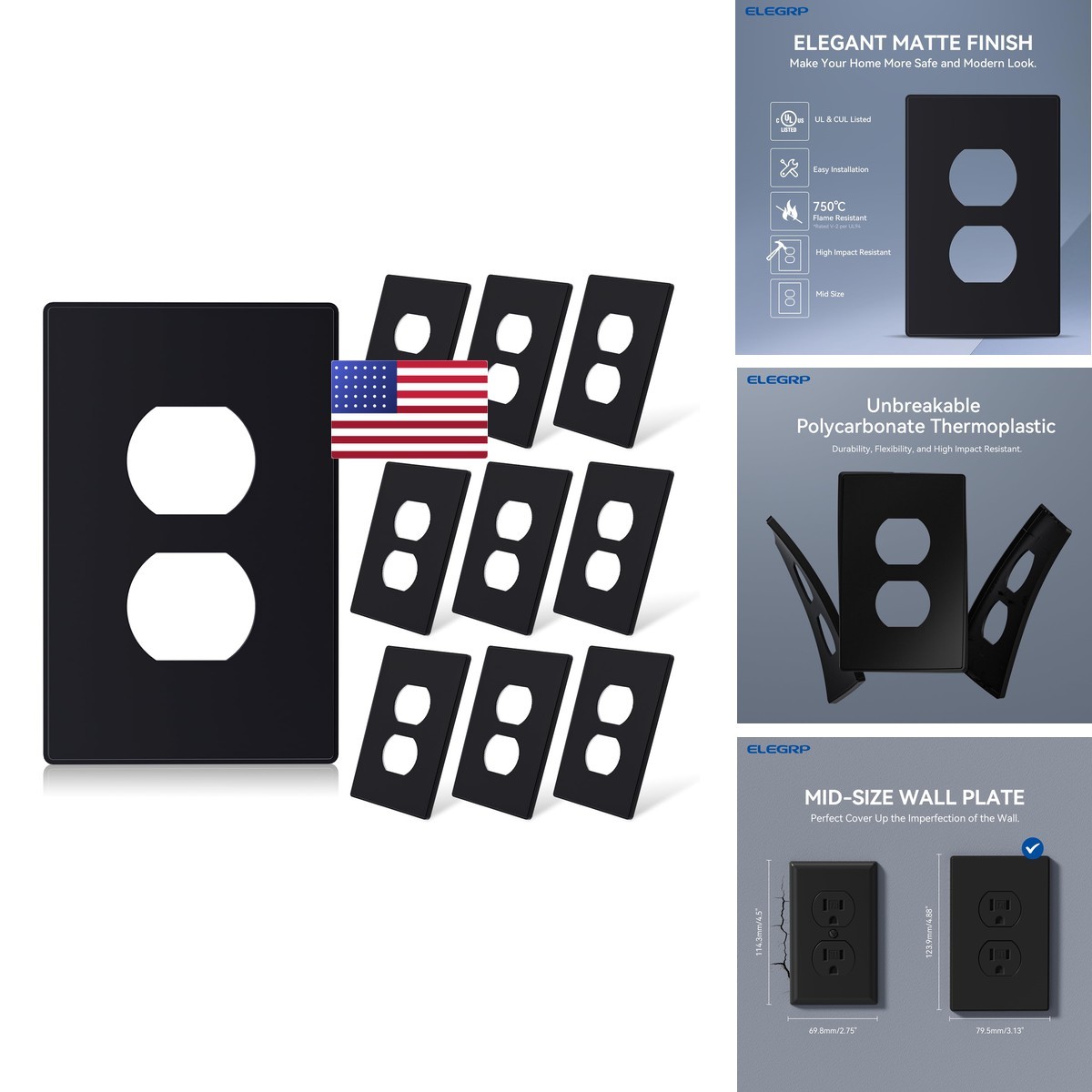 ELEGRP 1-Gang Screwless Duplex Wall Plates 10 Pack Matte Black
