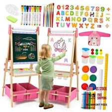 Kids Easel Including 100 Accessories, Dual-Sided Wooden Free height adjustment