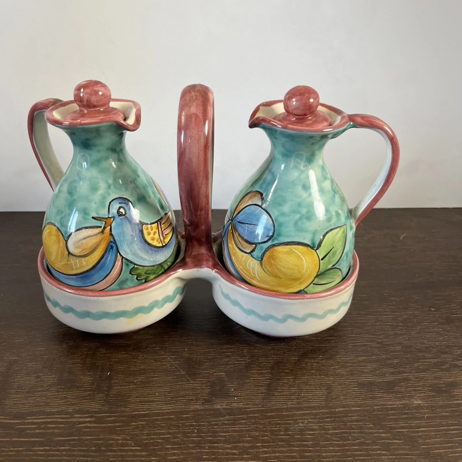 Piccadilly Italy Art Pottery Oil And Vinegar Caddy 6” Hand Painted