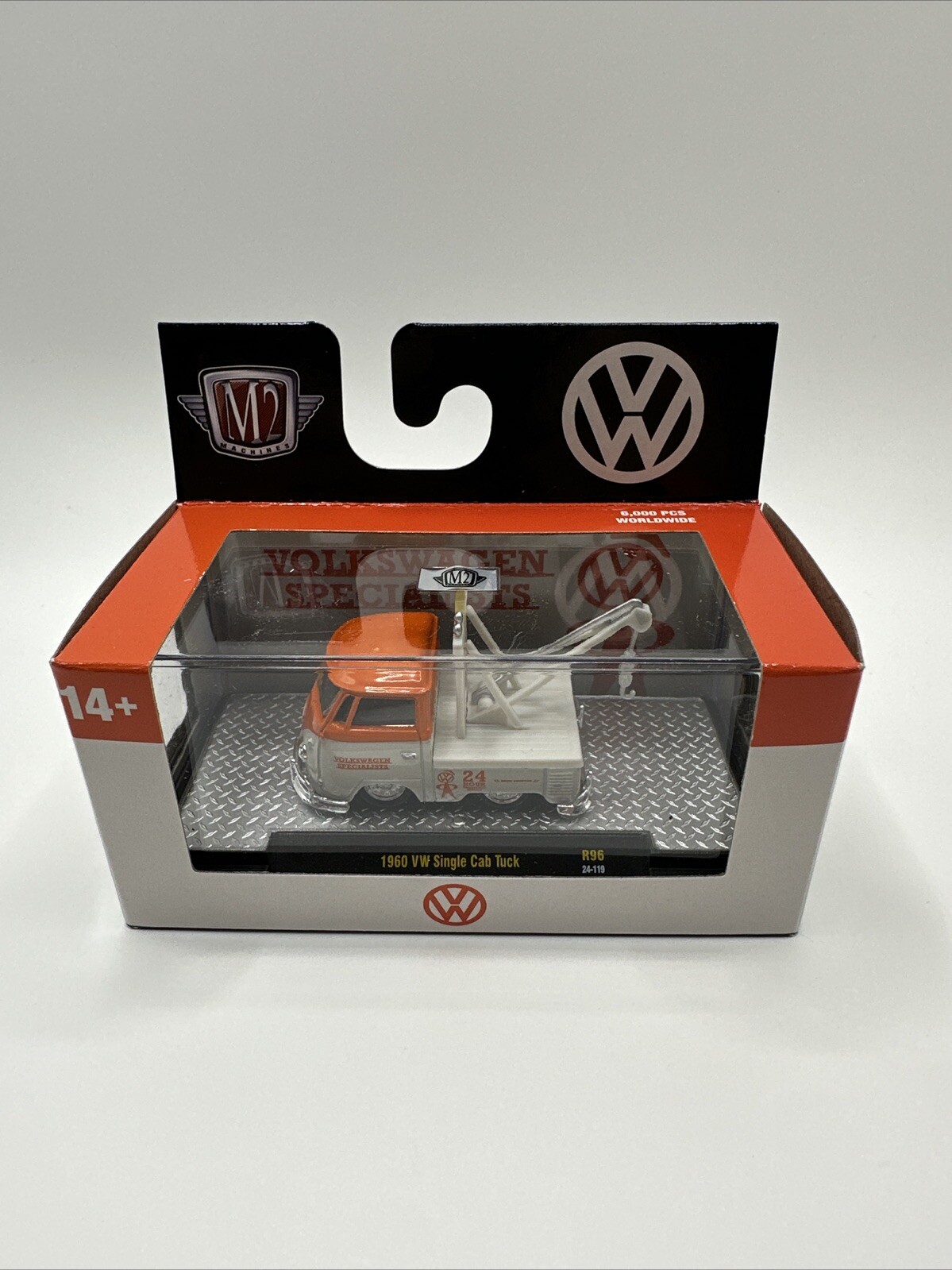 2024 M2 Machines 1960 VW Single Cab Truck W/crane - White/orange Two tone