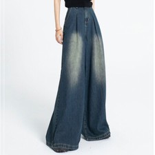 Lady Casual Denim Pants Slim Waist Wide Leg Jeans Long Baggy Trousers Blue Loose