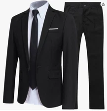 Wangyue Men's Suit Slim Fit Black 2 Piece S 38R 32W Notch Lapel 1 Button