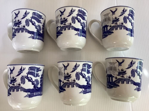 Johnson Brothers CLASSIC WILLOW Coffee Mug Set (6) BLUE CREAM Tea Cup PAGODA NWT
