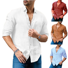 Button-Up Shirt Mens Long Sleeve Cotton Linen T-shirt Casual Summer Beach shirt