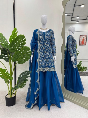 NEW COLLECTION HEAVY FAUX GEORGETTE SHARARA SUIT WITH DUPATTA FOR WEDDING - Picture 2 of 14