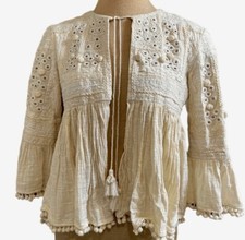 Fab *zara* Ivory Cotton Tasselled Pom Pom Mirrored Embroidered Gauze Jacket Xs