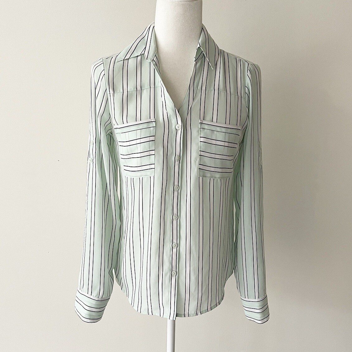 Express | Mint Striped Button Down Roll Tab Porto… - image 1