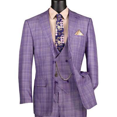 VINCI Men's Light Purple Sharkskin Glen Plaid 3 Piece Classic Fit Suit - NEW