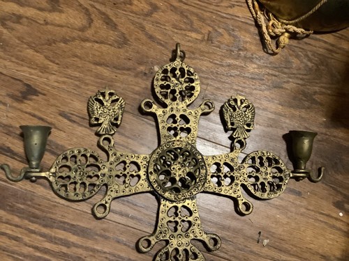 Vintage Brass Byzantine Cross Candle Holder Wall Hanging - Picture 5 of 8
