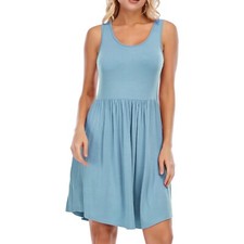 Simple Casual Loose Fitting Elastic Mini Skater Dress With Pockets Blue Large
