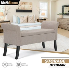 25" Beige Storage Bench Rectangle Living Room Bedroom Lift Top Footstool w/Arms