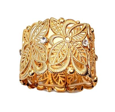 Texture Gold Tone Stretch Bracelet Wide Rhinestone Accent Ribbed Leaves Cuff