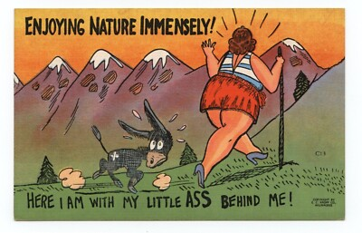 #ad Big Woman Ass Climbing Mountain Off Color Risque Comic Art Humor Postcard $5.95