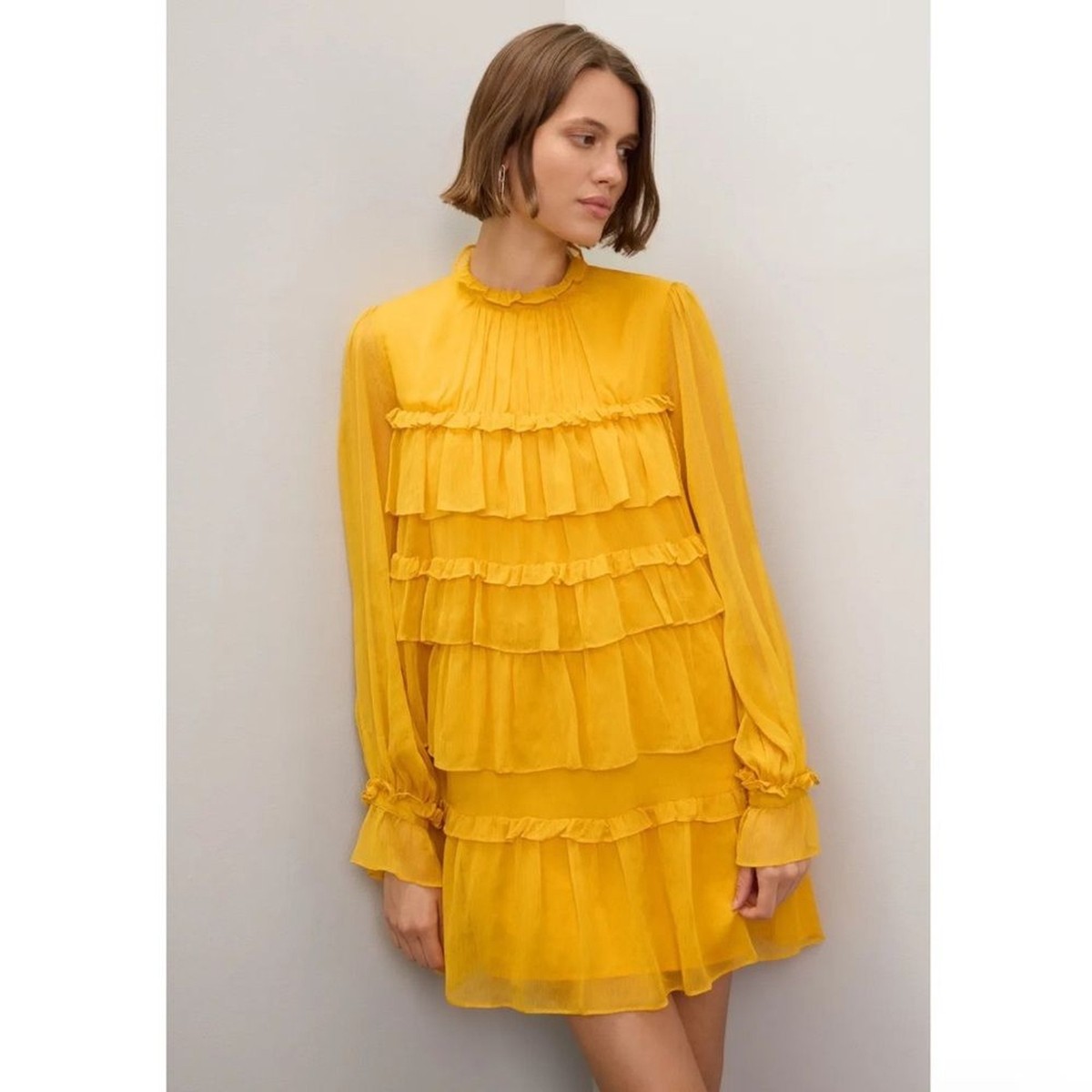 Adam Lippes Golden Yellow Tiered Ruffle Long Sleeve Mini Dress | eBay