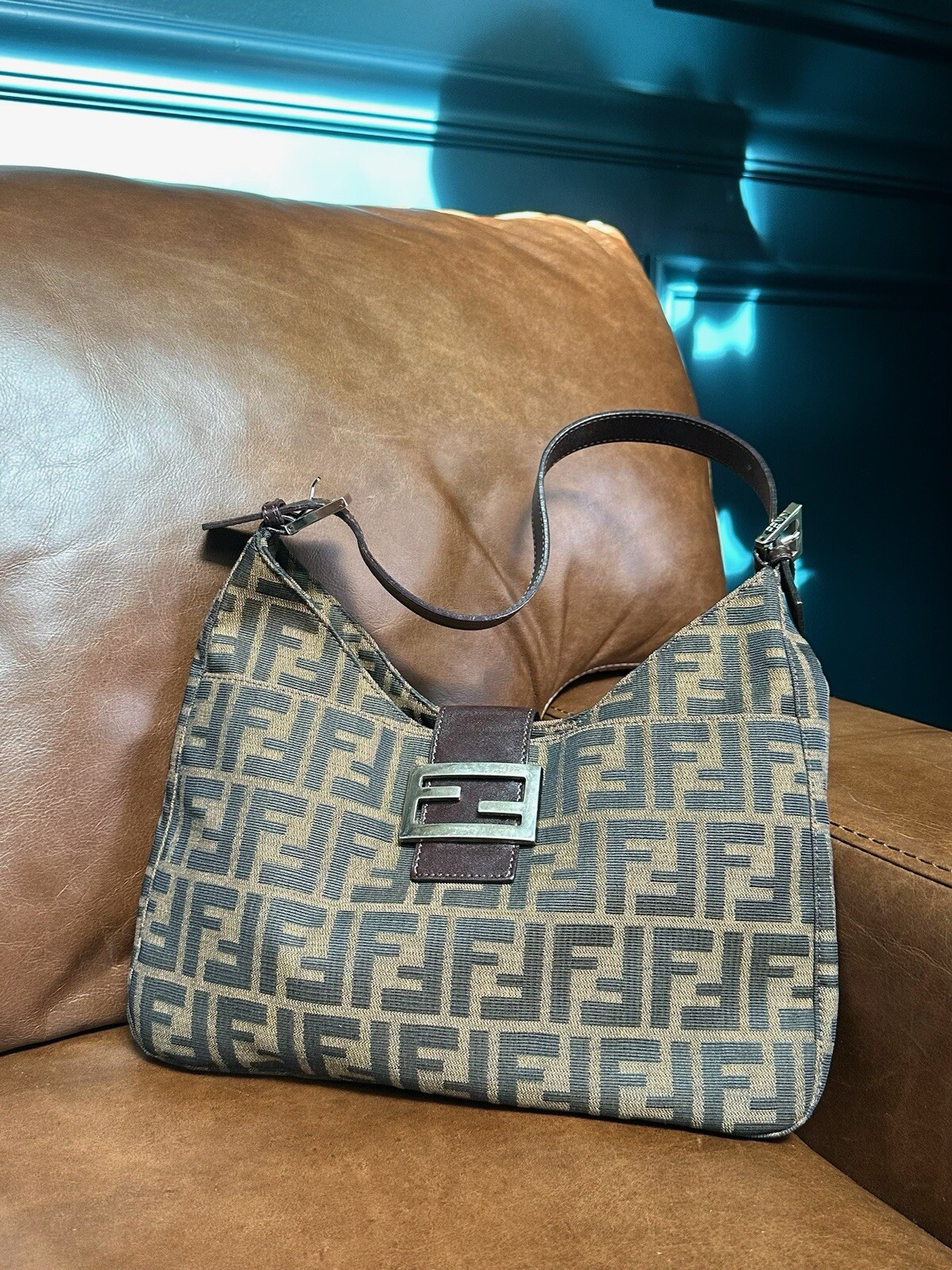 Vintage Fendi Zucca Canvas and Leather Shoulder Bag  
