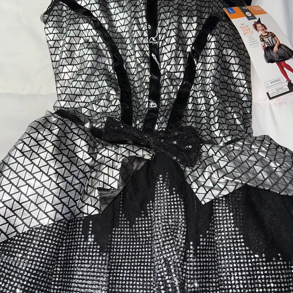 NWT Girl’s Rockstar Witch Halloween Costume LARGE 10/12 Black Sparkly Metallic - Image 4 of 4