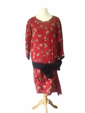 Vintage 80’s red floral Handmade Lined Dropped Waist bow. Dynasty 