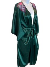 VTG Val Mode Lingerie Woman Satin Green Floral Lace Mid-Length Belted Robe Sz 1X