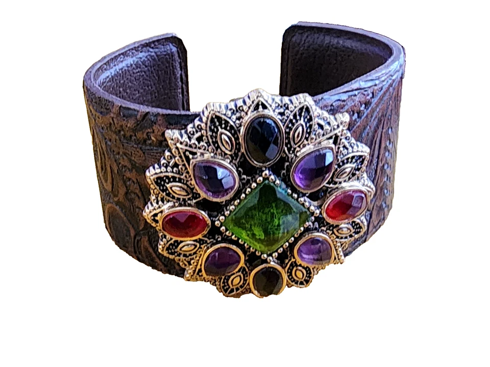 Gorgeous New Barse Cuff Bracelet, Genuine Stones & Genuine Leather - Image 2 of 4