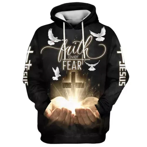 FEAR OF GOD Felpa con cappuccio Faith Over Fear Jesus Gods Hand Christian Cross stampa 3D