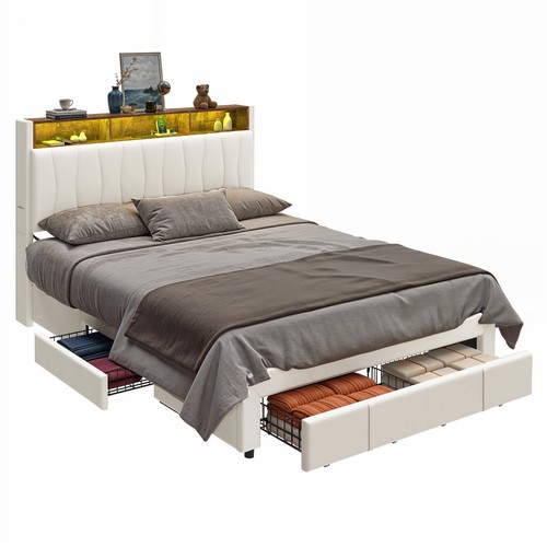 Full Size Bed Frame w/ Shelves Storage Space 4 Drawers Platform & Power Outlets - Picture 6 of 11