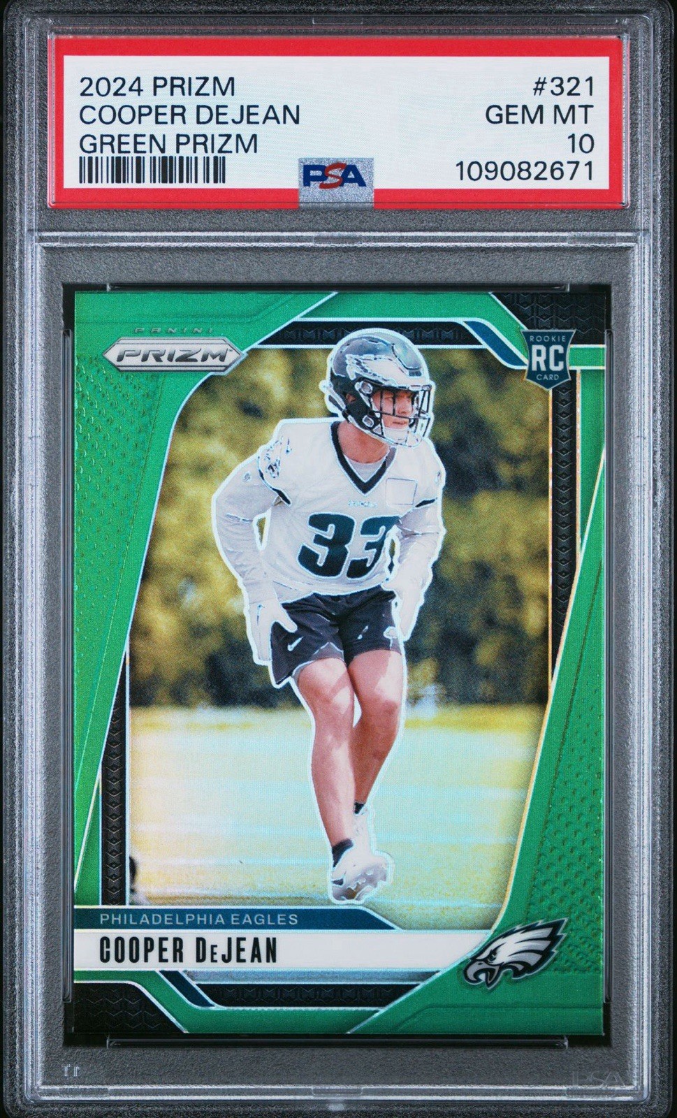 COOPER DEJEAN 2024 Panini Prizm GREEN RC Rookie #321 Eagles Color Match PSA 10