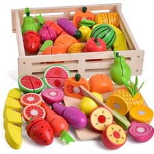 wooden play food kids kitchen pretend cutting food toys dishes knife gift
