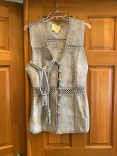 Glentex Gray Suede Leather Vtg Women's Boho Vest Festival Crochet Medium Button
