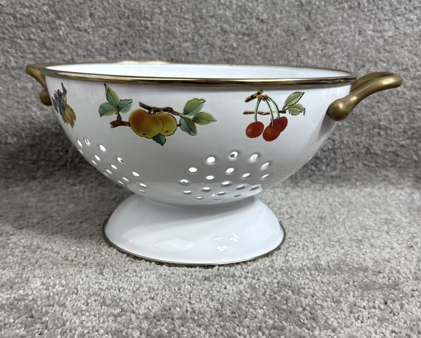 Vintage White Colander Strainer Handles Fruit Cherries Design