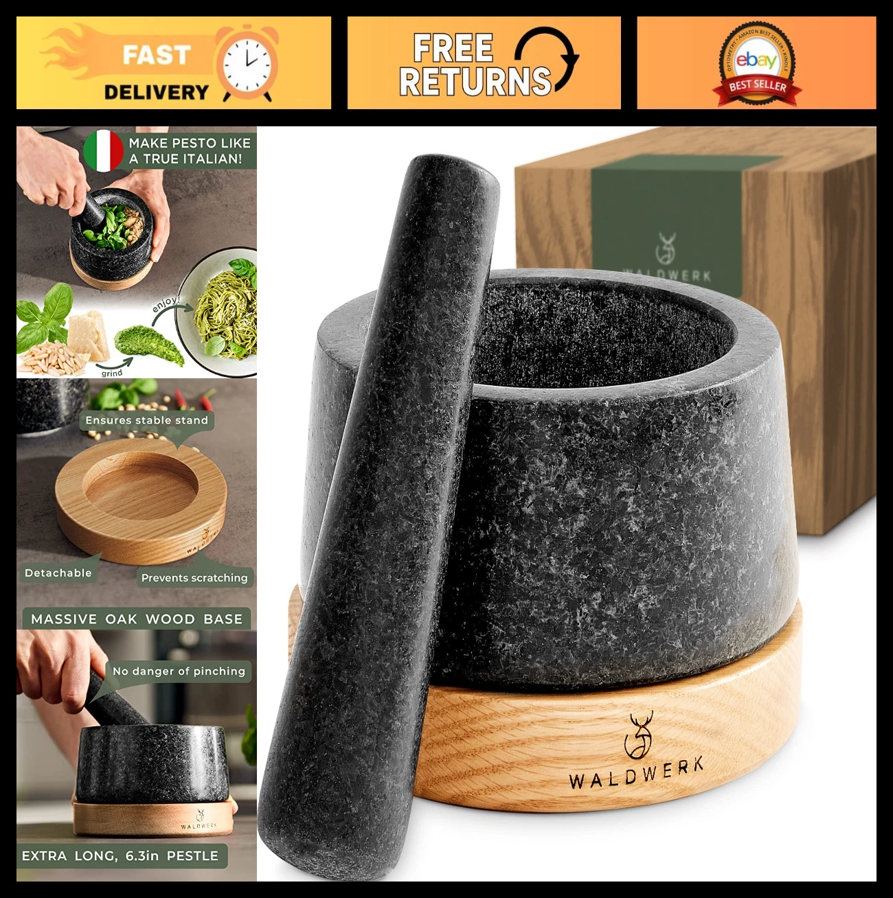Large Granite Mortar and Pestle Set with Oak Wood Base - Ideal for Guacamole & S