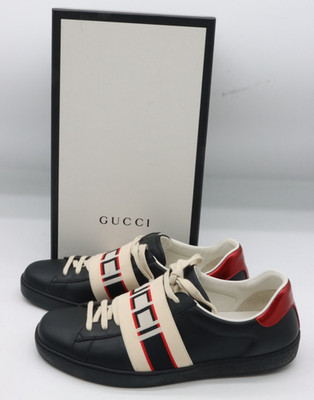 Gucci Ace Stripe Leather Black Sneakers Mens Size G 10/US 10.5/EU 44