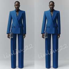 Blue Women's Suits Peak Lapel Double Breasted Formal Business Lady Office Wear