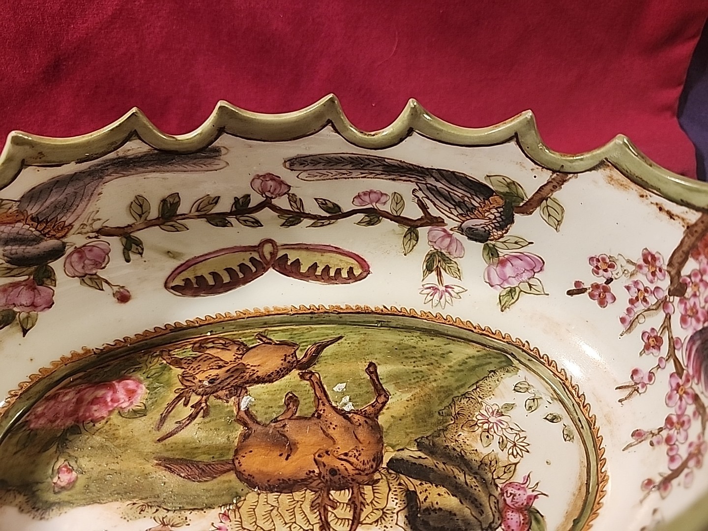 Vintage Chinoiserie Oval Bowl With Handles 6" x 12" Elk Birds Crest