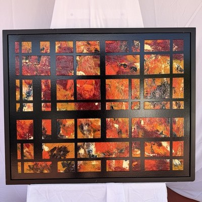 Roly Fernandez Original Signed Framed Oil on Canvas Abstract Grid Painting 24x30