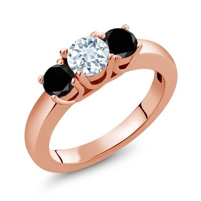 1.04 Ct Round Sky Blue Aquamarine Black Diamond 18K Rose Gold Plated Silver Ring