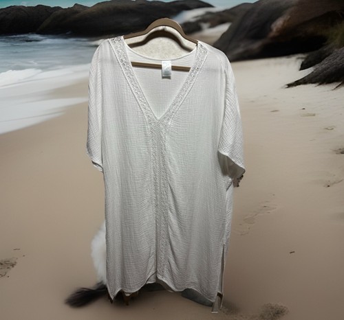 Kona Sol Badeanzug Cover Up Kleid Strand Häkel Akzent Gaze Baumwolle weiß Gr. XL