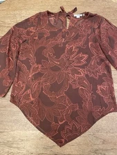 Simply Noelle Brown Floral Size L/XL 12/14 Peek aboo sholder Sheer Flowy top