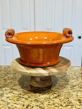 Vintage French Style Terracotta 13” Bowl Coil Handles Orange Rustic Brown Accent