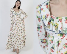 Vtg White Floral Prairie Dress 70s High waist Cottagecore Boho Peasant Gown
