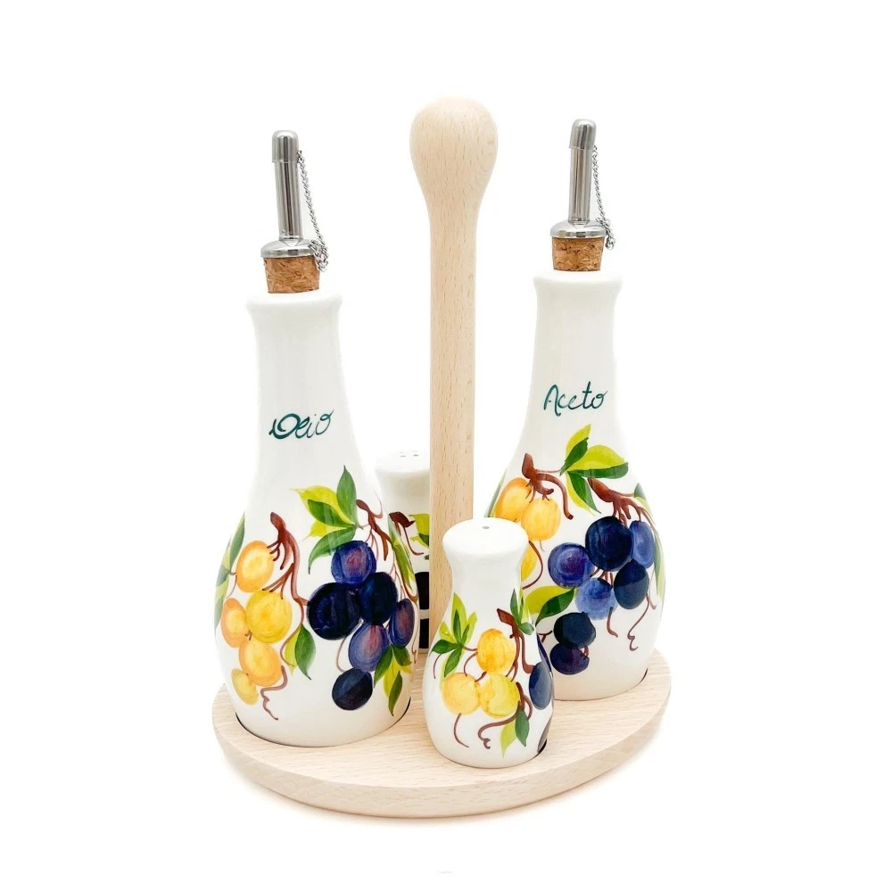 Bassano Ceramic Oil & Vinegar Set Spice Shakers 22 Cm Grape Motifs New