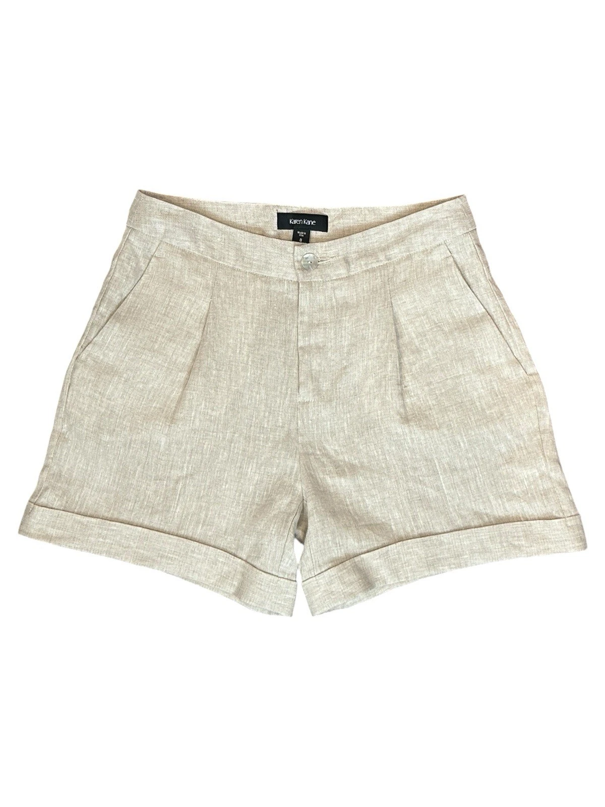 Karen Kane 100% Linen Hi Rise Pleated Cuffed Shorts Desert Breeze Beige Women 8