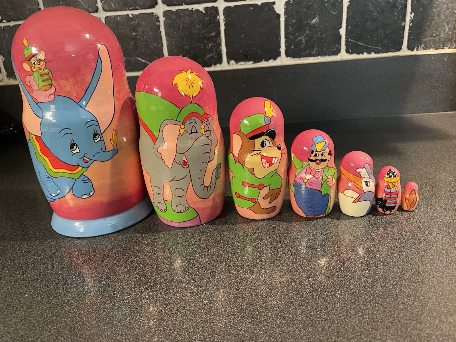 Set Of 7 Wooden Disney Nesting Dolls-Dumbo And Family
